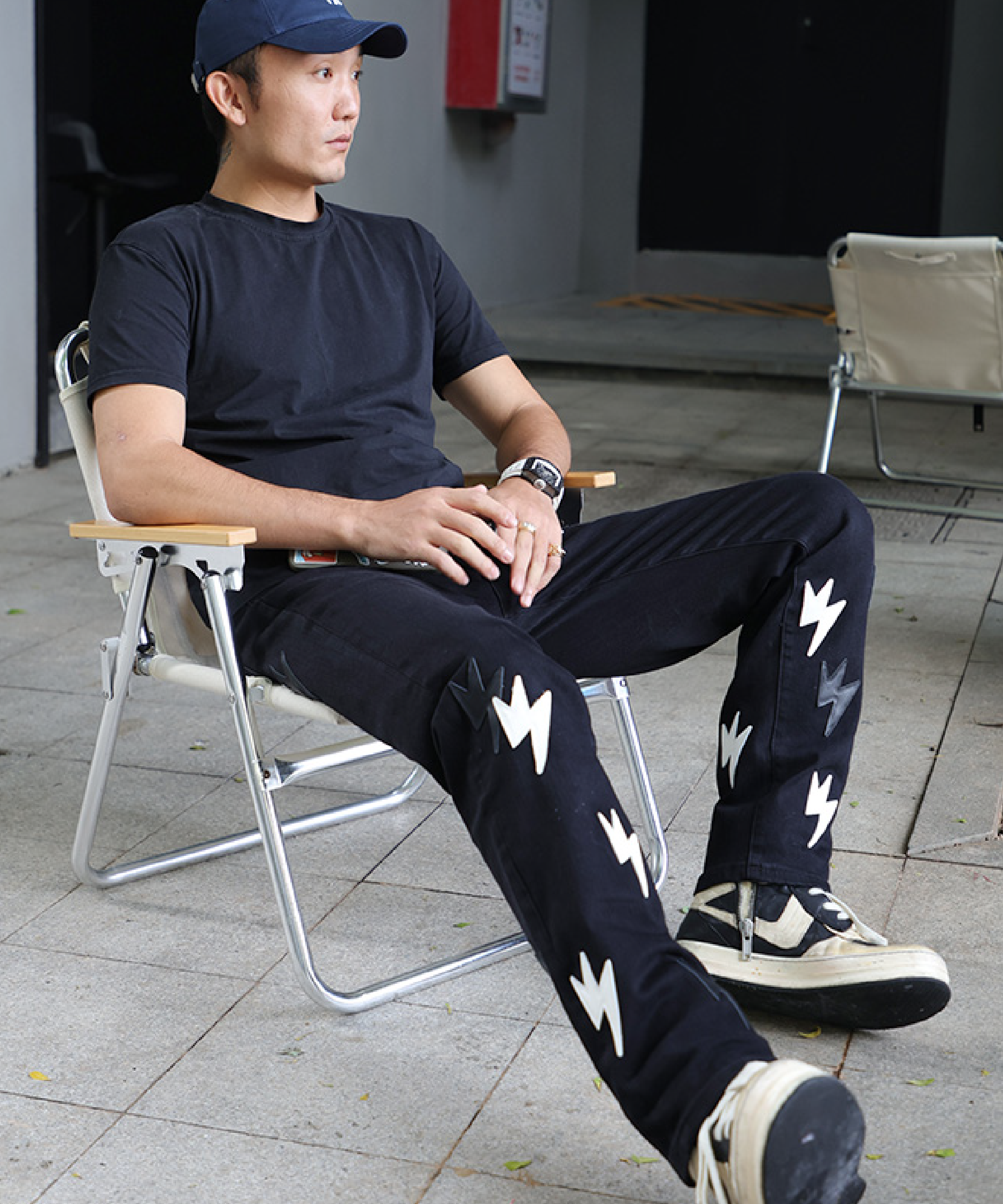 Unisex Lightning Bolt Staight Leg Jeans Black
