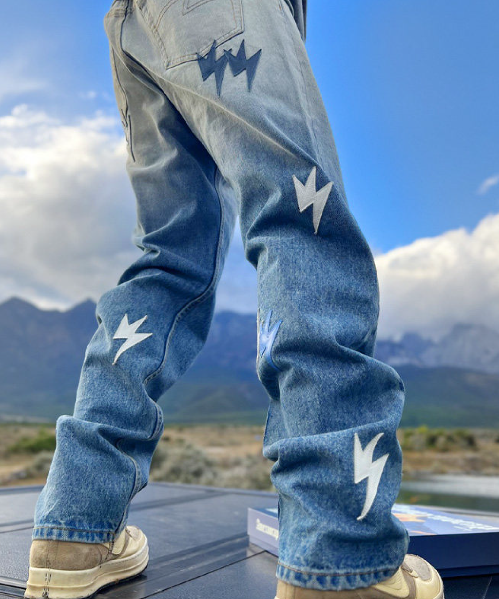 Unisex Lightning Bolt Jeans Gradient Blue