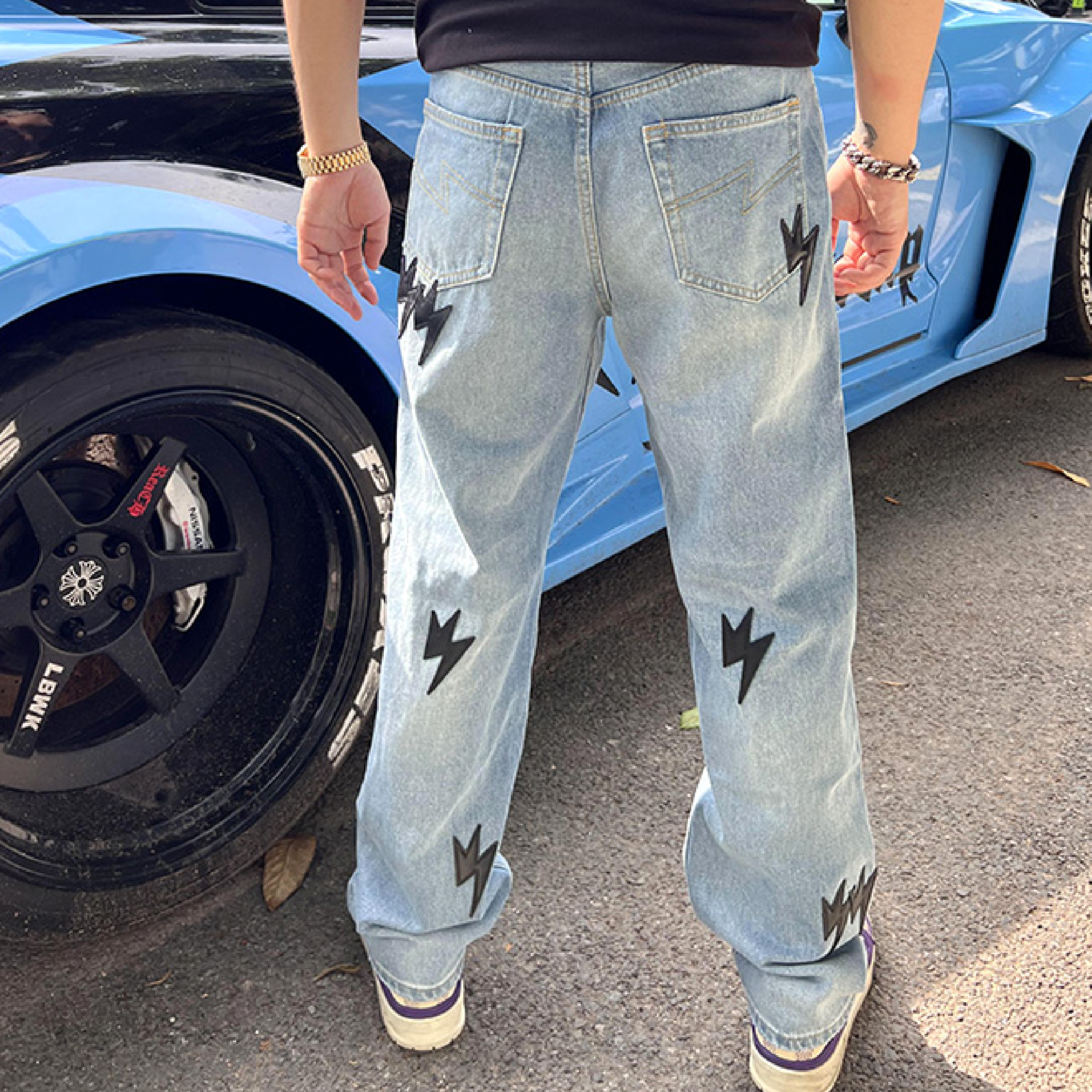 Unisex Black Lightning Bolt Jeans Blue