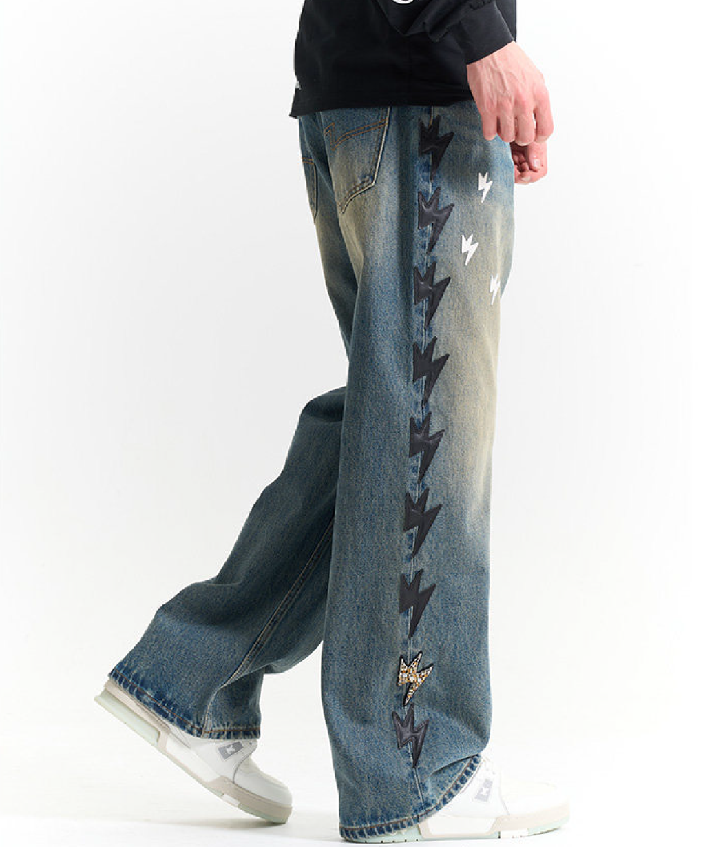 Unisex Black Lightning Bolt Jeans Vintage Medium Wash