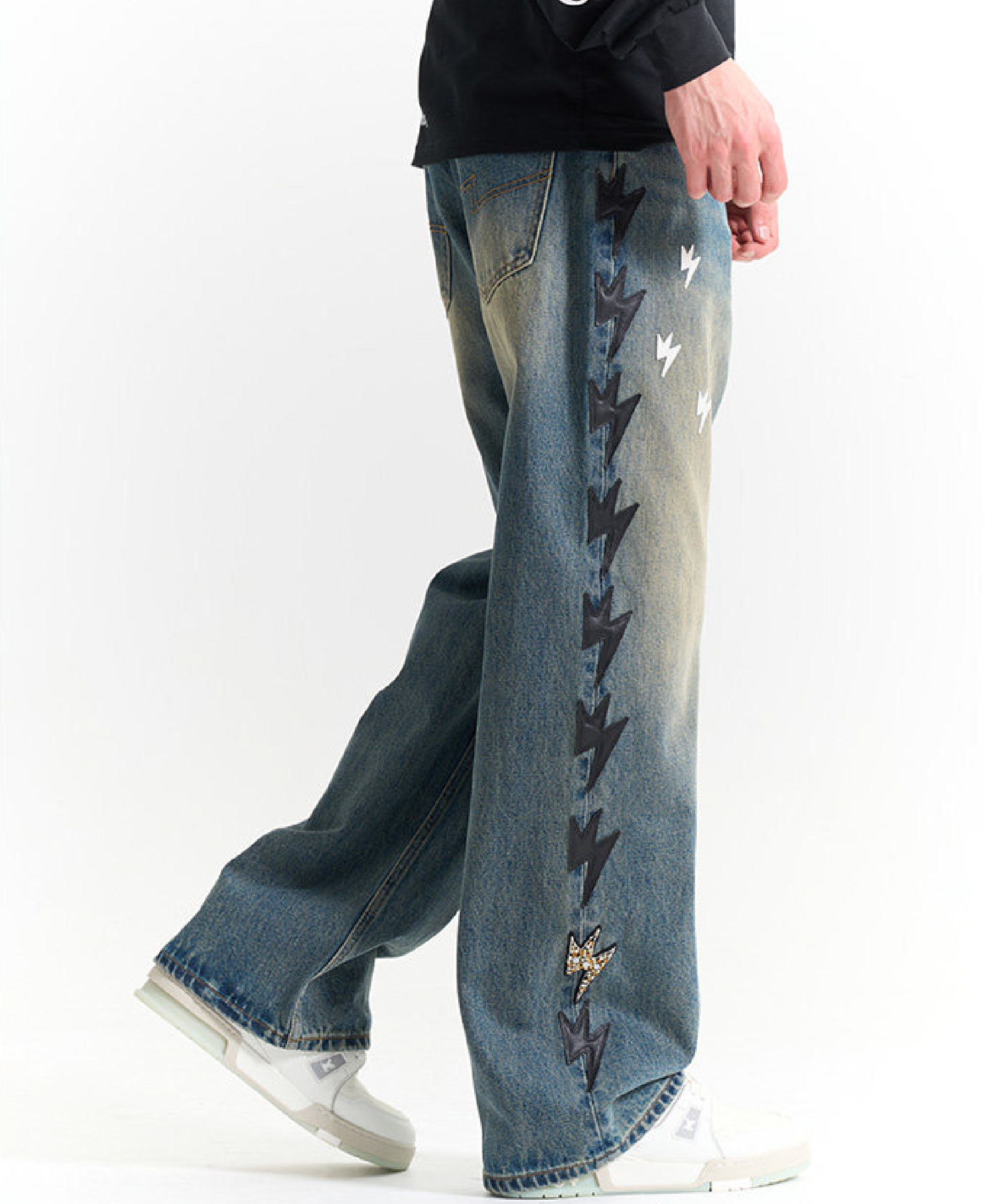 Unisex Black Lightning Bolt Jeans Vintage Medium Wash