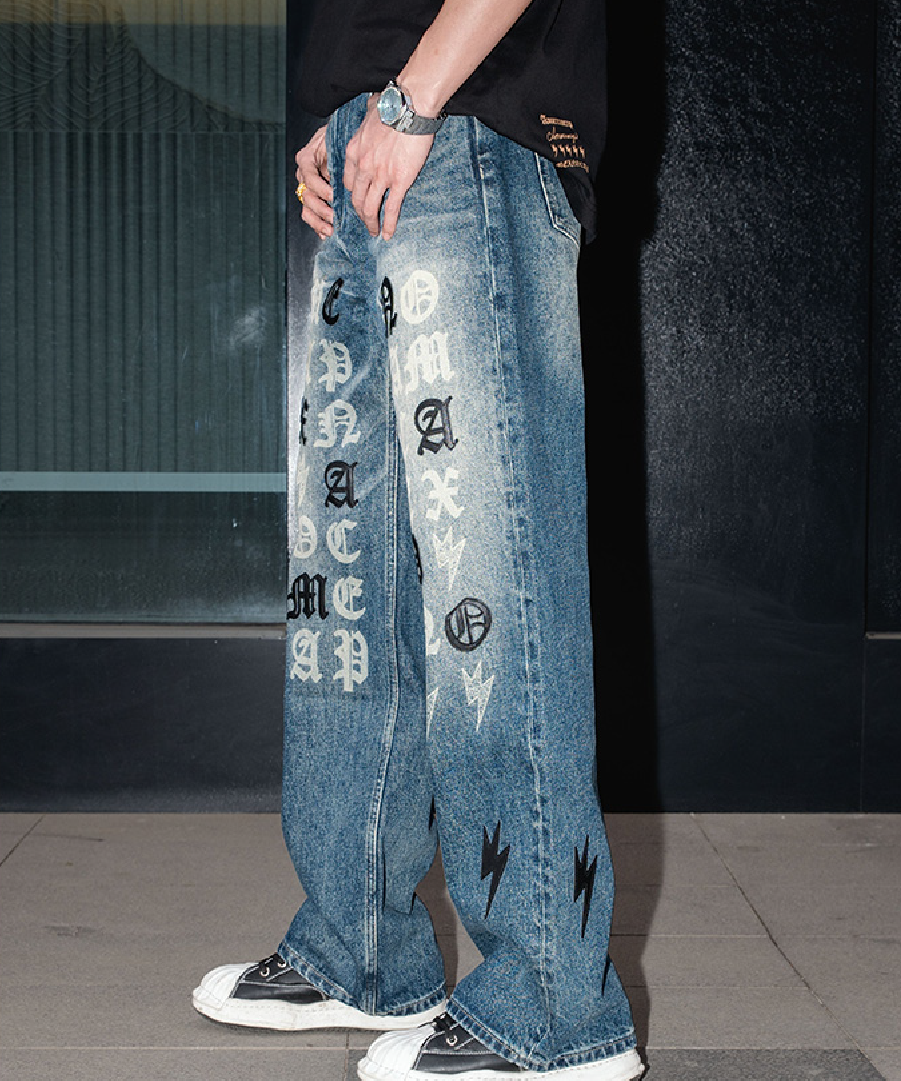 Unisex Logo Print Jeans Vintage Wash