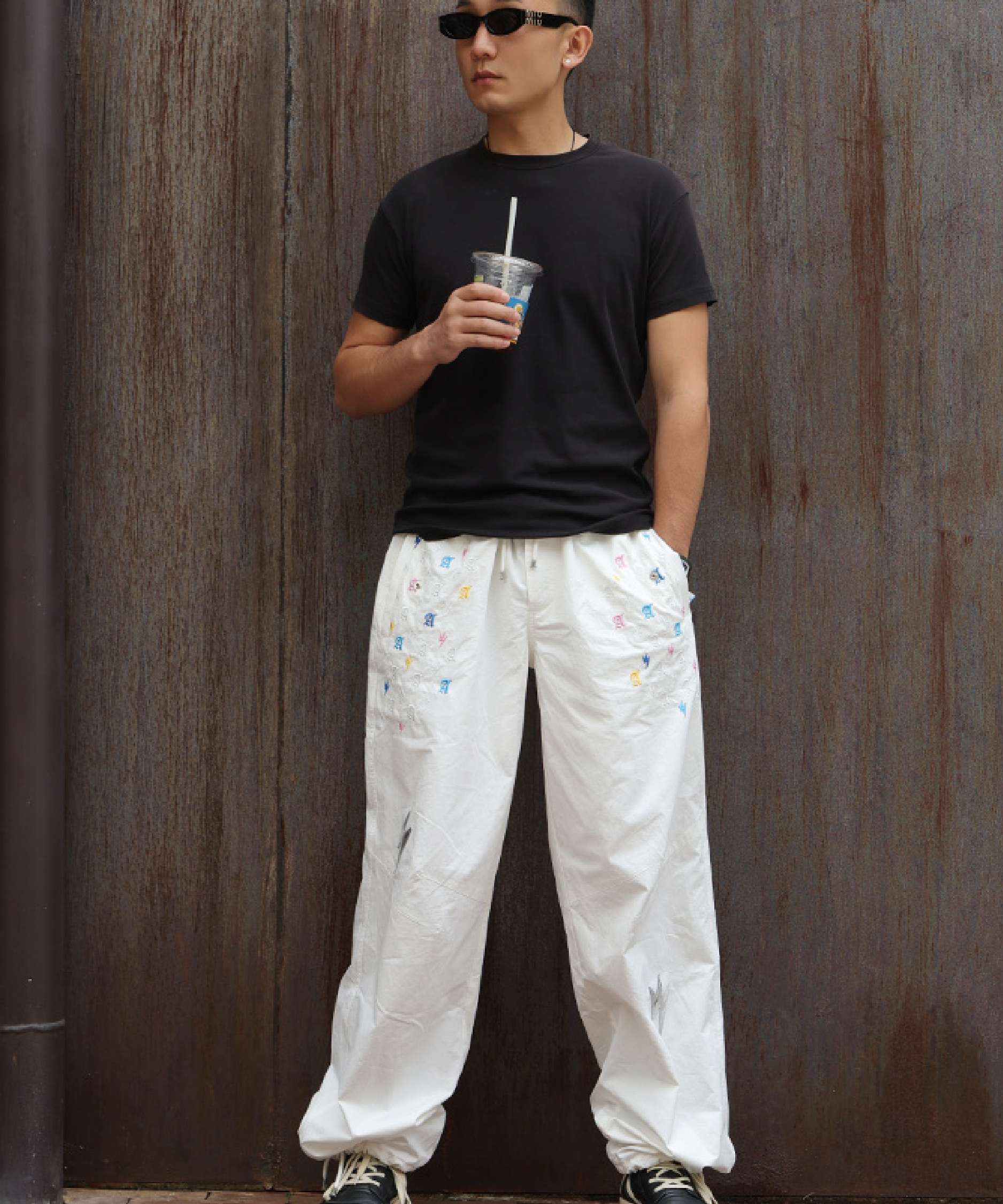 Unisex Lightning Bolt Embroidery Cargo White