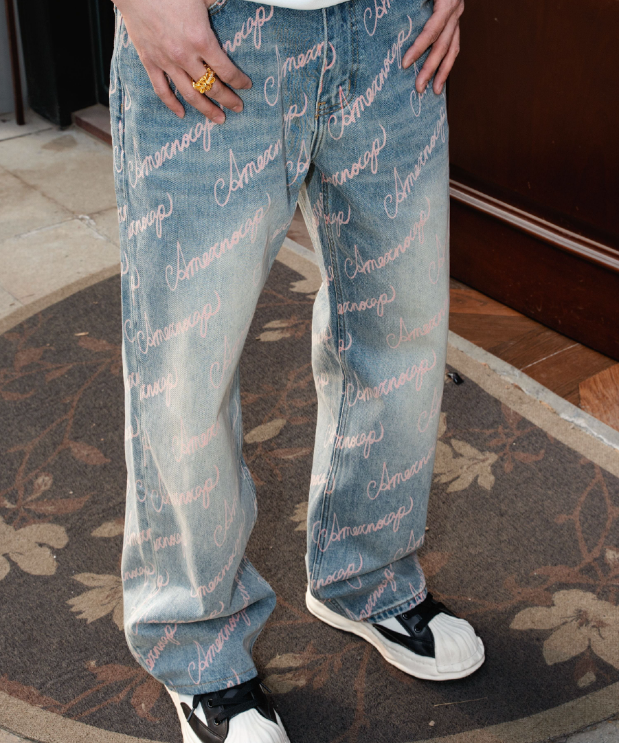 Unisex Full Print Logo Jeans Light Wash