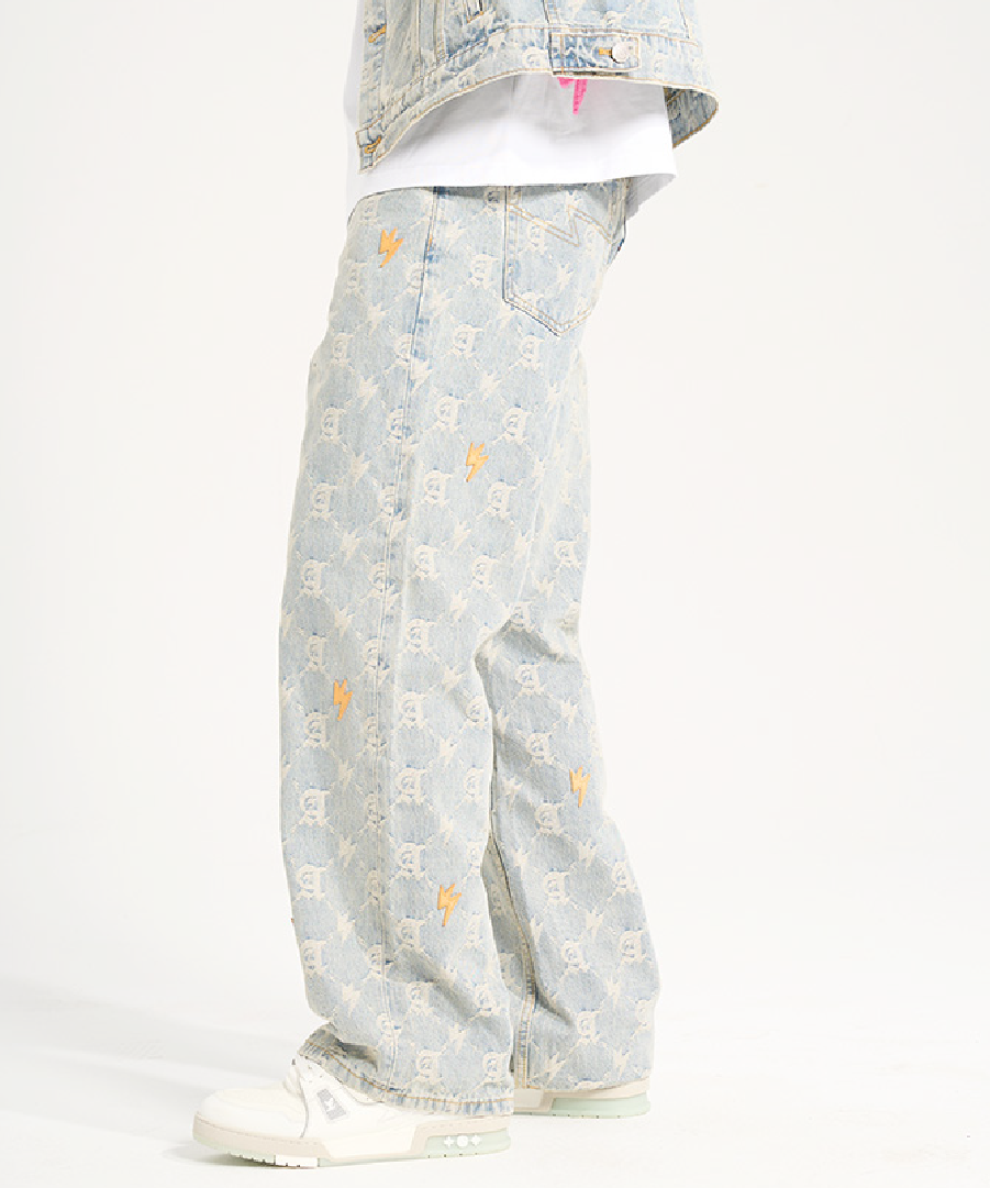 Unisex Full Print Logo Jeans Light Blue