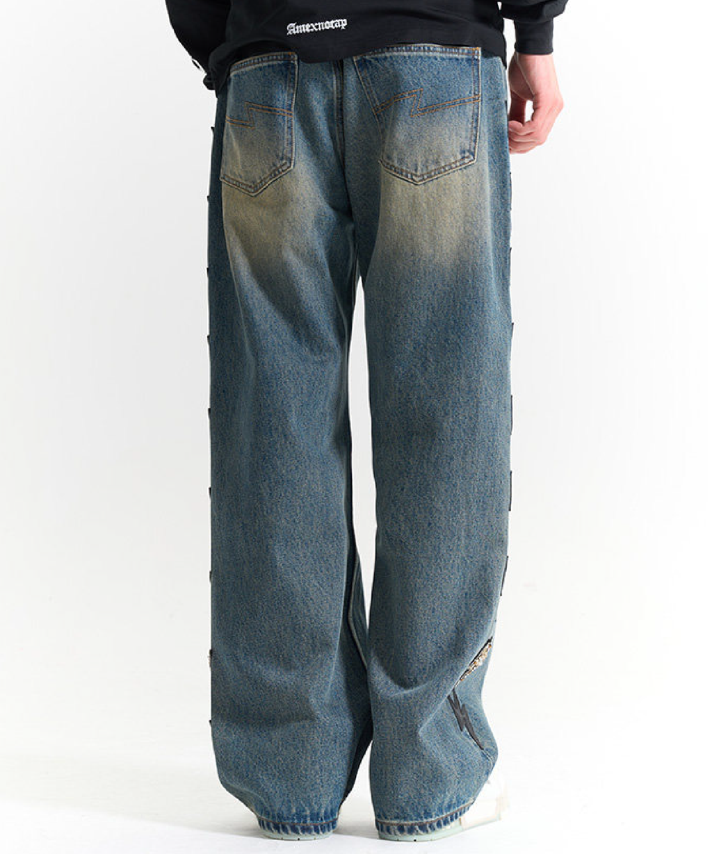 Unisex Black Lightning Bolt Jeans Vintage Medium Wash