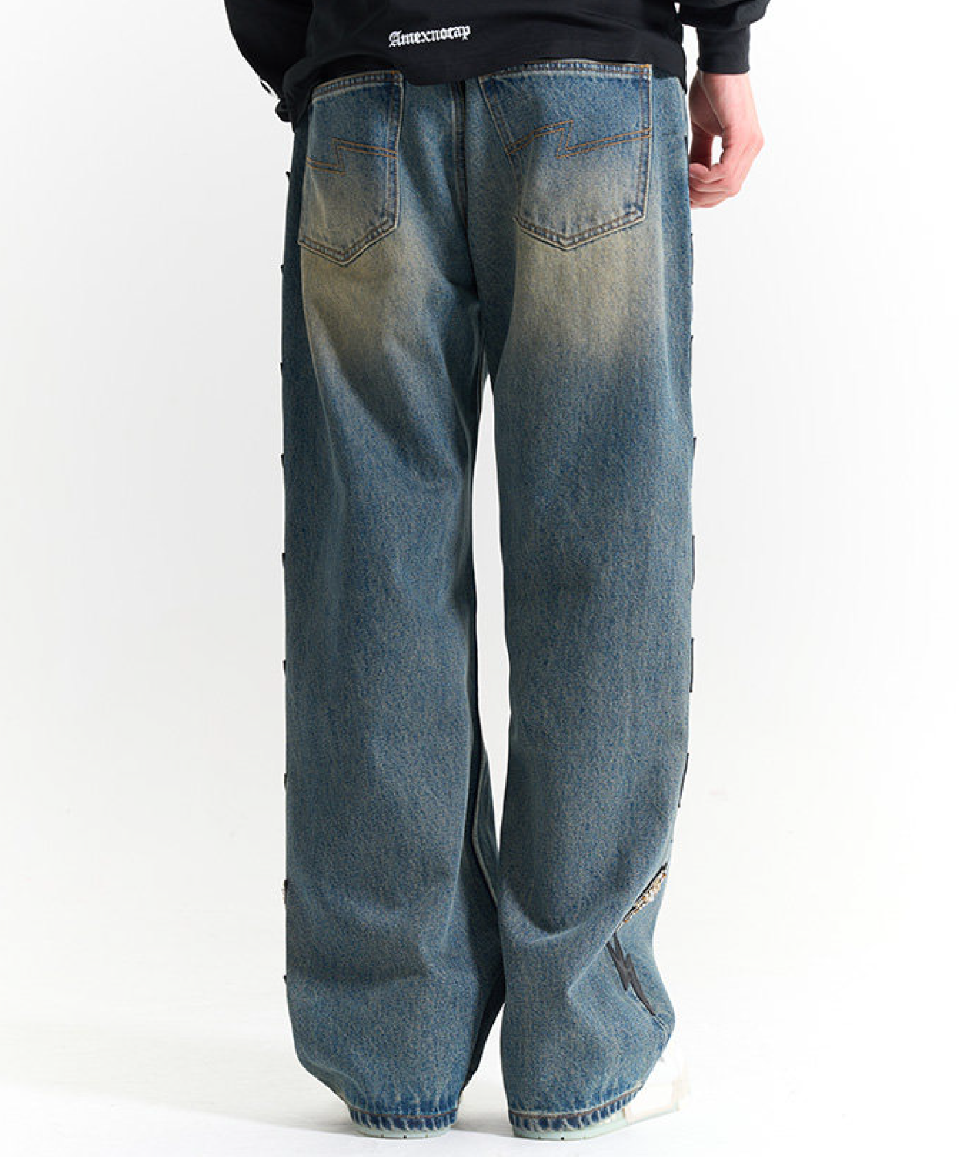 Unisex Black Lightning Bolt Jeans Vintage Medium Wash