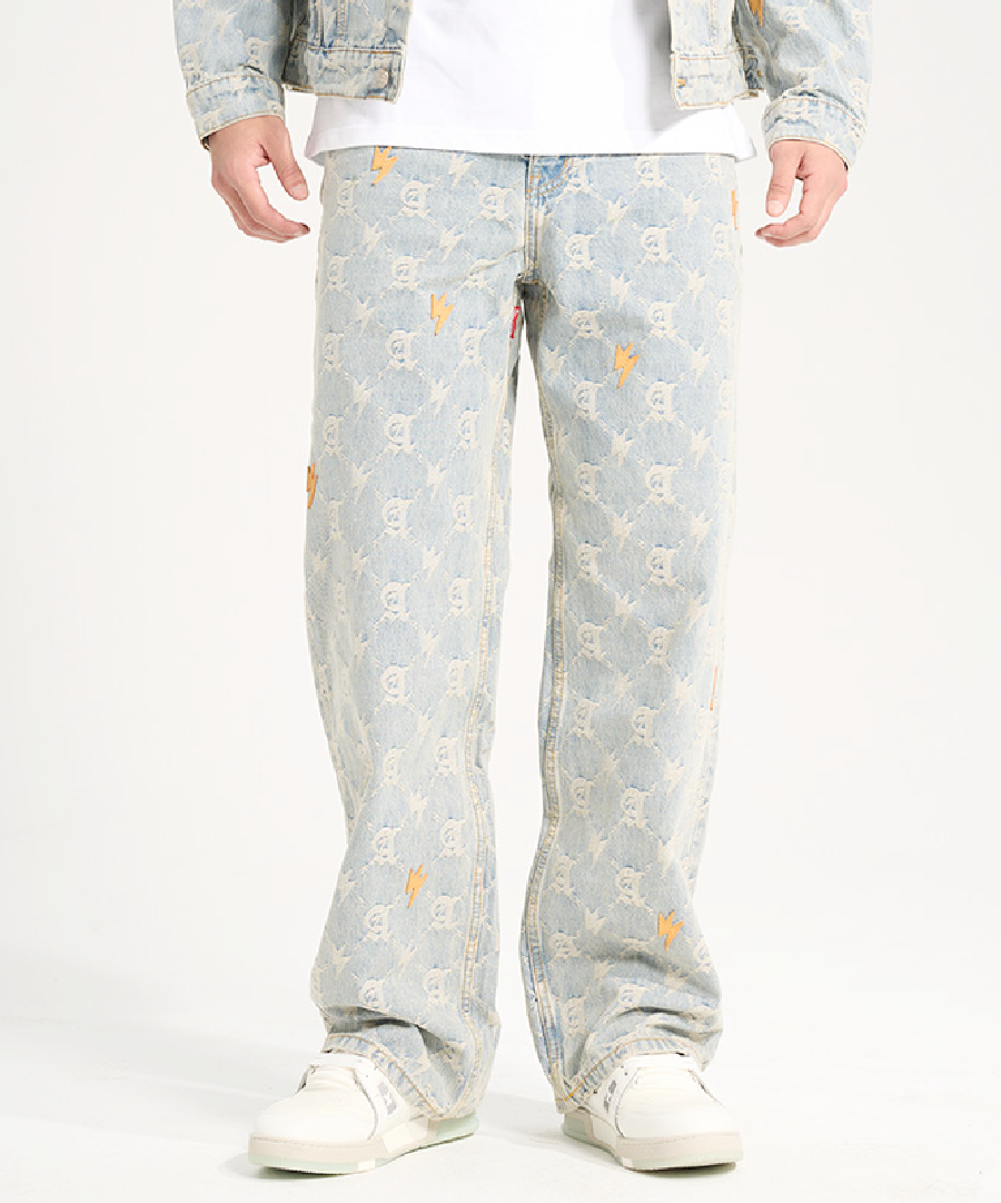 Unisex Full Print Logo Jeans Light Blue