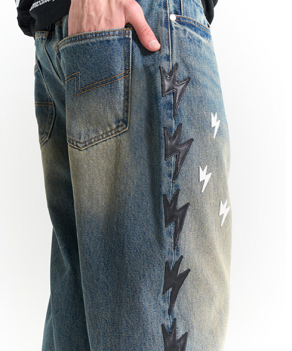 Unisex Black Lightning Bolt Jeans Vintage Medium Wash