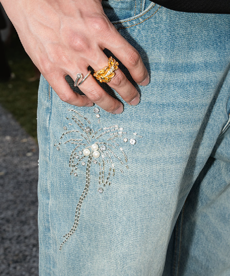 Unisex Beaded Palm Tree Jeans Light Wash