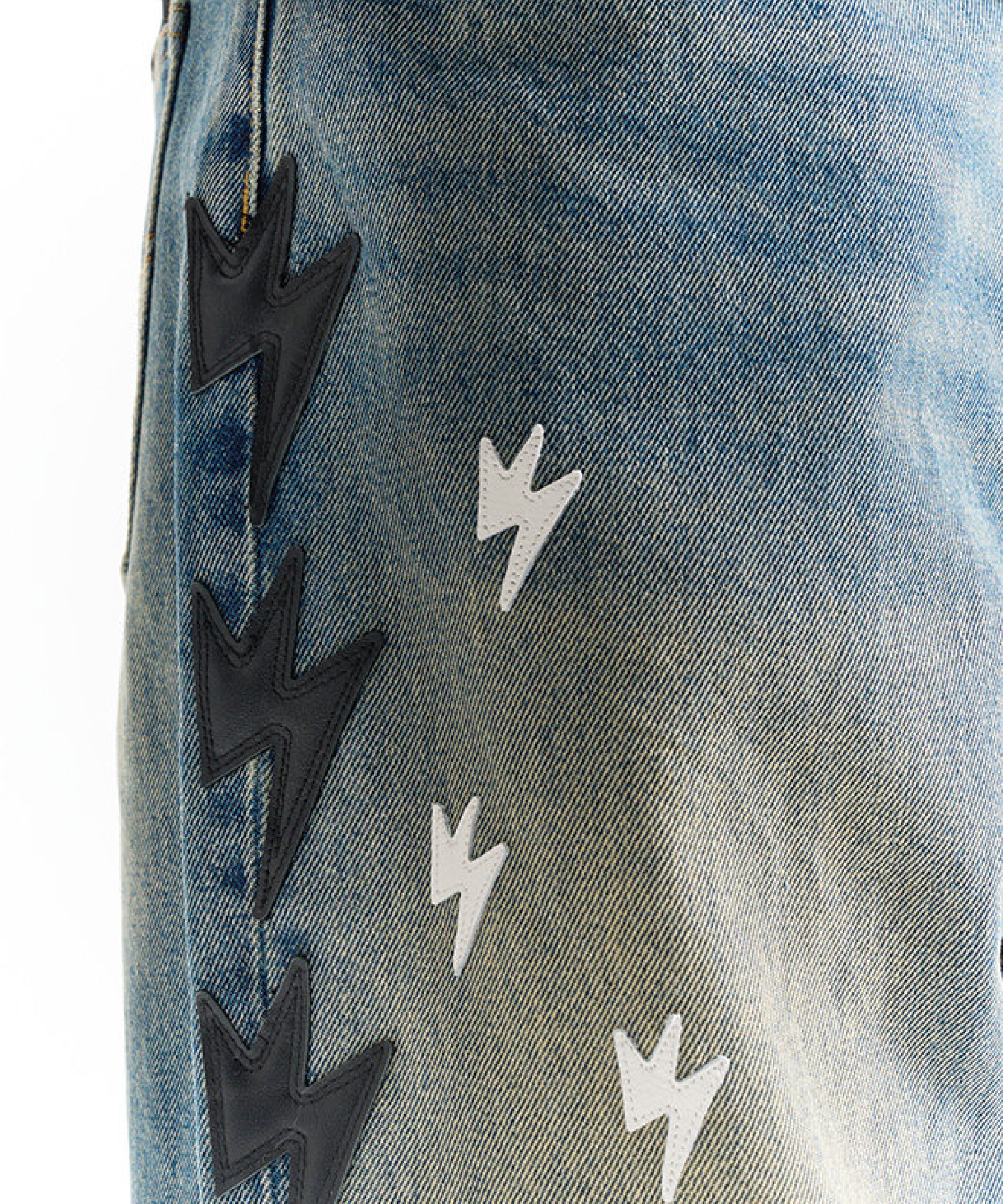 Unisex Black Lightning Bolt Jeans Vintage Medium Wash