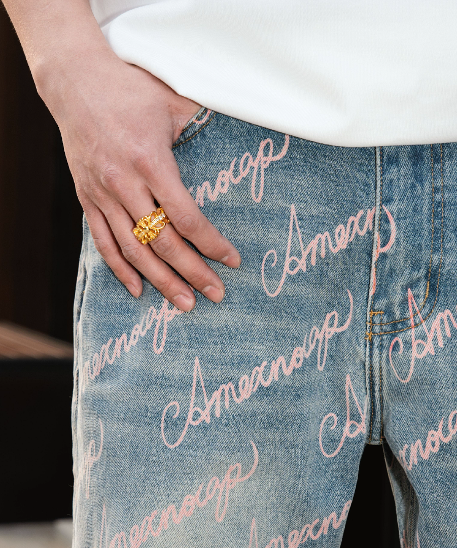 Unisex Full Print Logo Jeans Light Wash