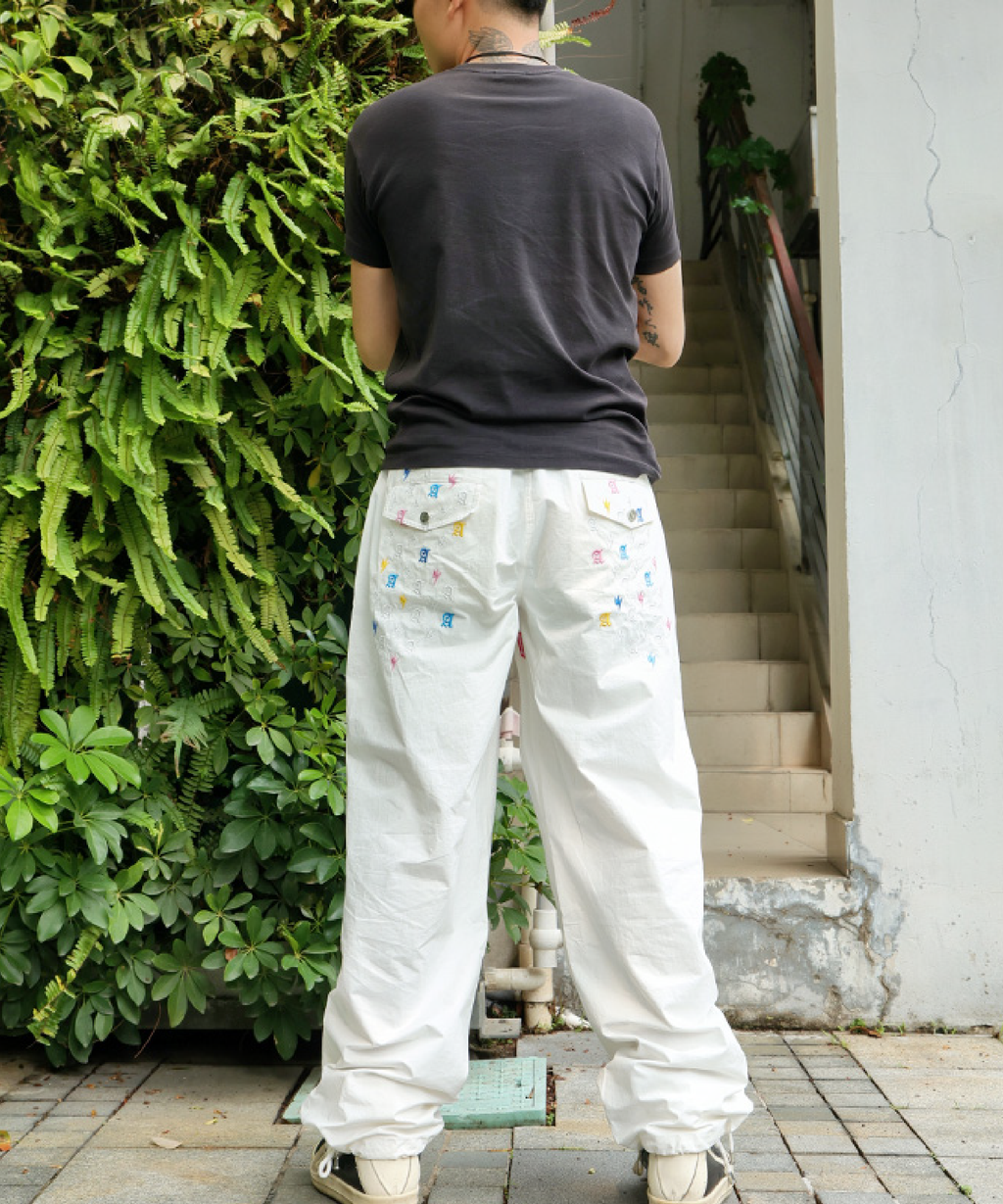 Unisex Lightning Bolt Embroidery Cargo White