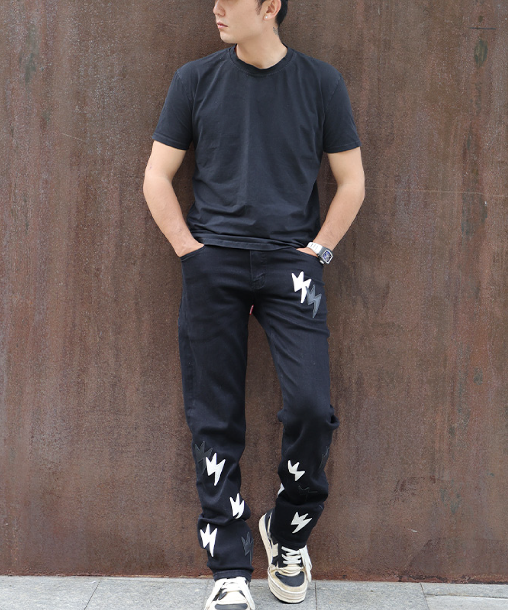 Unisex Lightning Bolt Staight Leg Jeans Black