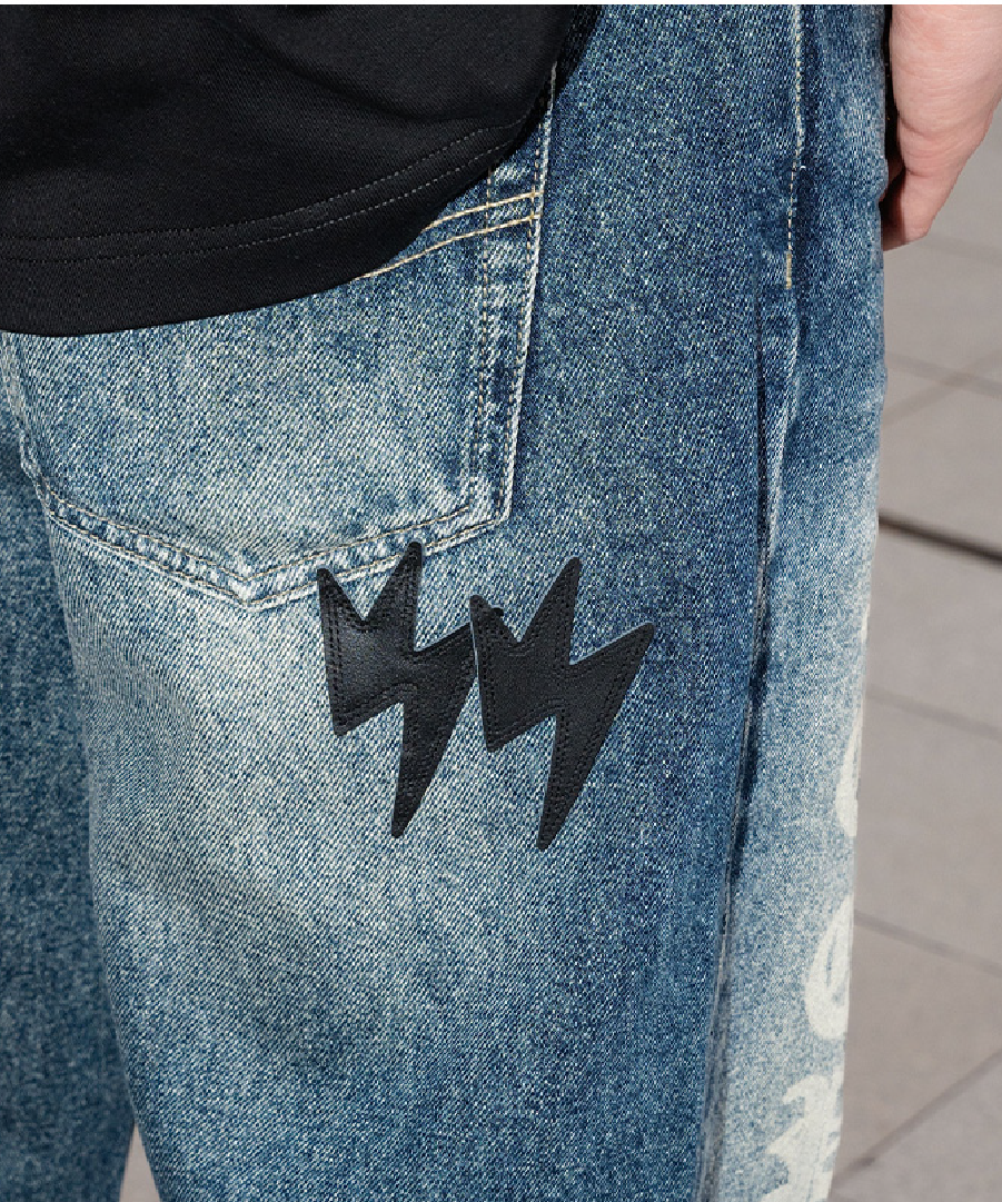 Unisex Logo Print Jeans Vintage Wash