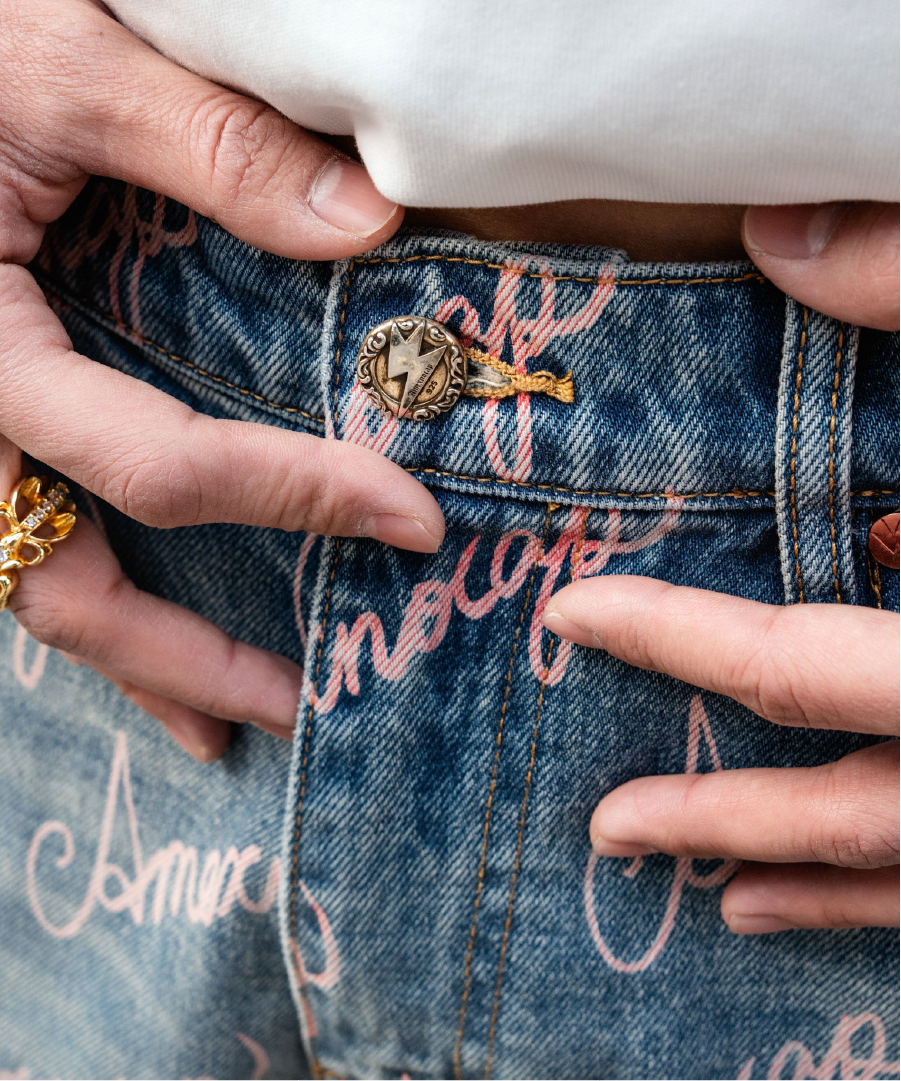 Unisex Full Print Logo Jeans Light Wash