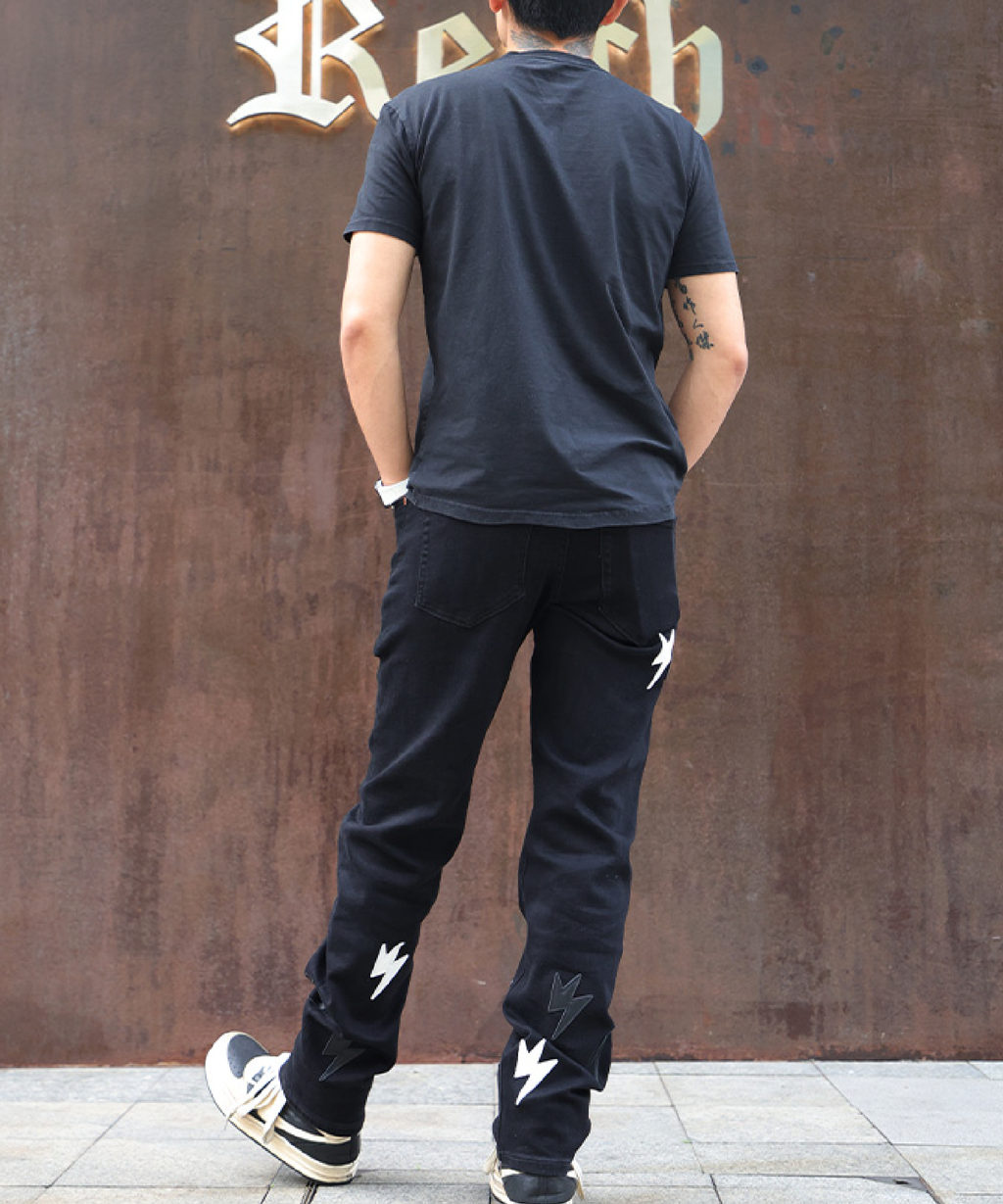 Unisex Lightning Bolt Staight Leg Jeans Black