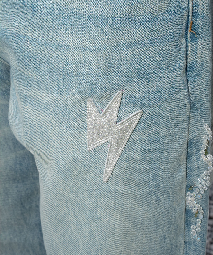 Unisex Beaded Palm Tree Jeans Light Wash