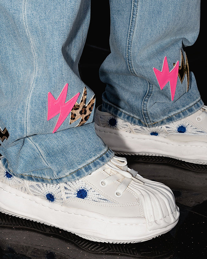 Unisex Rainbow Lightning Bolt Denim Jeans Light Blue