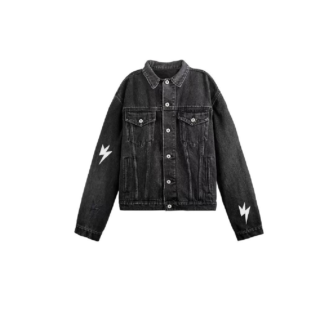 Unisex White Lightning Bolt Denim Jacket Black