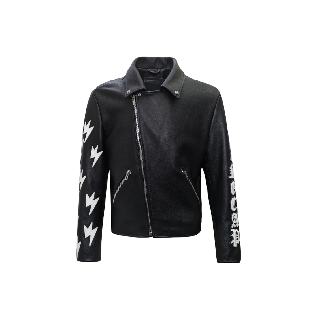 Unisex White Lightning Bolt Denim Jacket Black