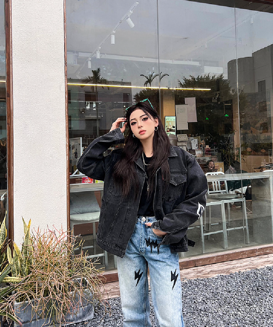 Unisex White Lightning Bolt Denim Jacket Black