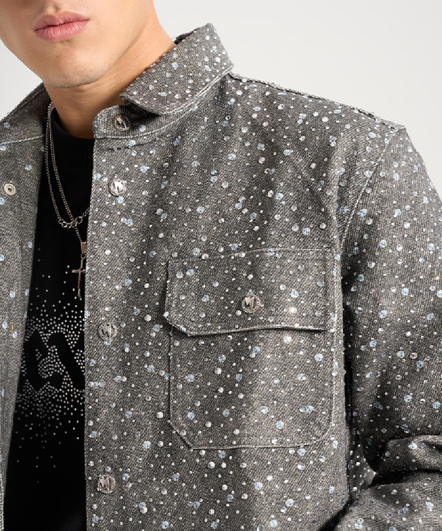 Unisex Blinged-out Denim Jacket Dark Grey