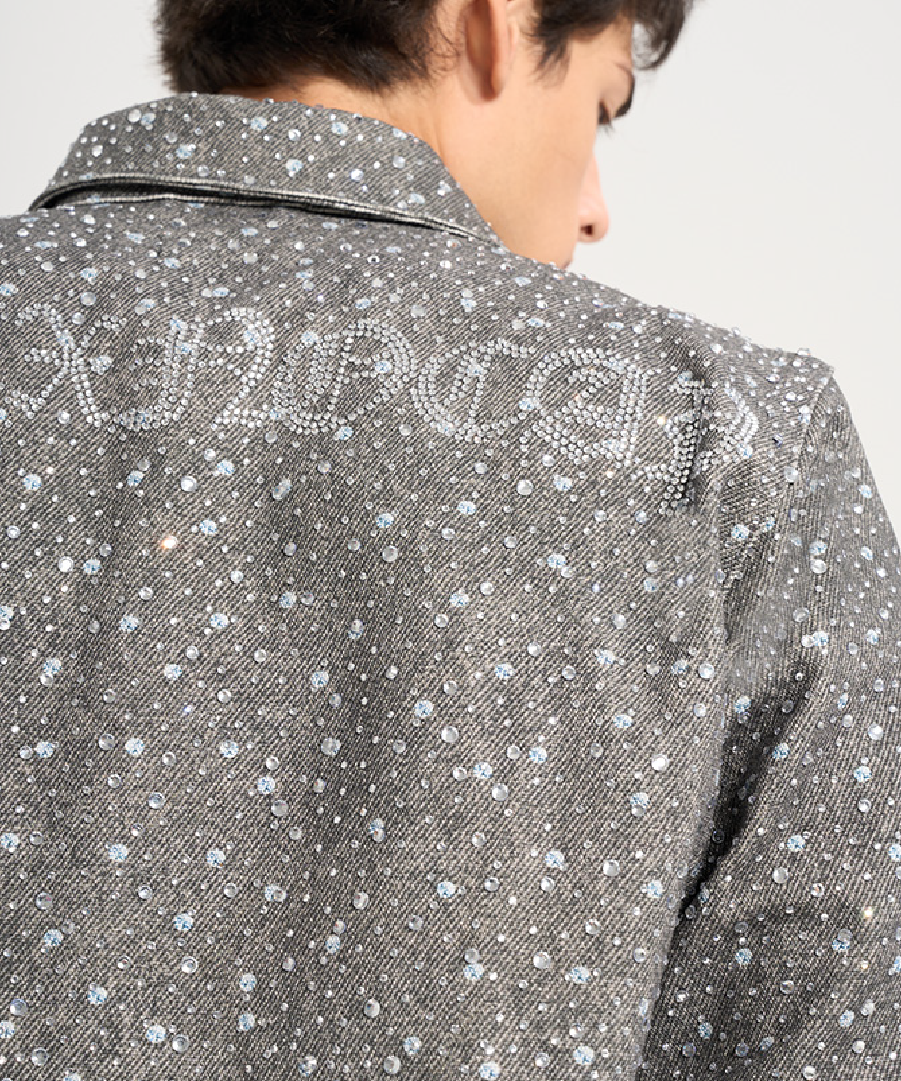 Unisex Blinged-out Denim Jacket Dark Grey