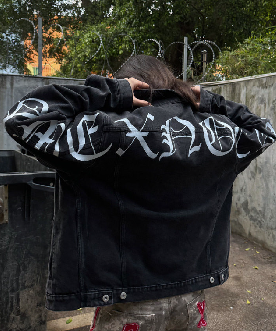 Unisex White Lightning Bolt Denim Jacket Black
