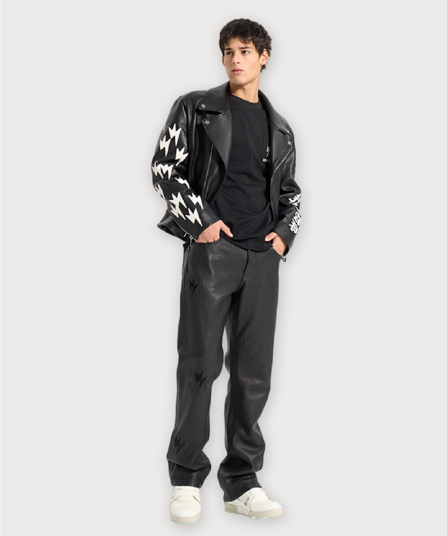 Unisex White Lightning Bolt Denim Jacket Black