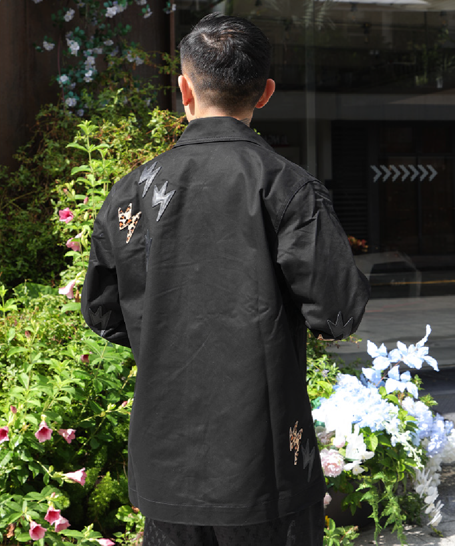 Unisex Leopard Print Denim Jacket Black