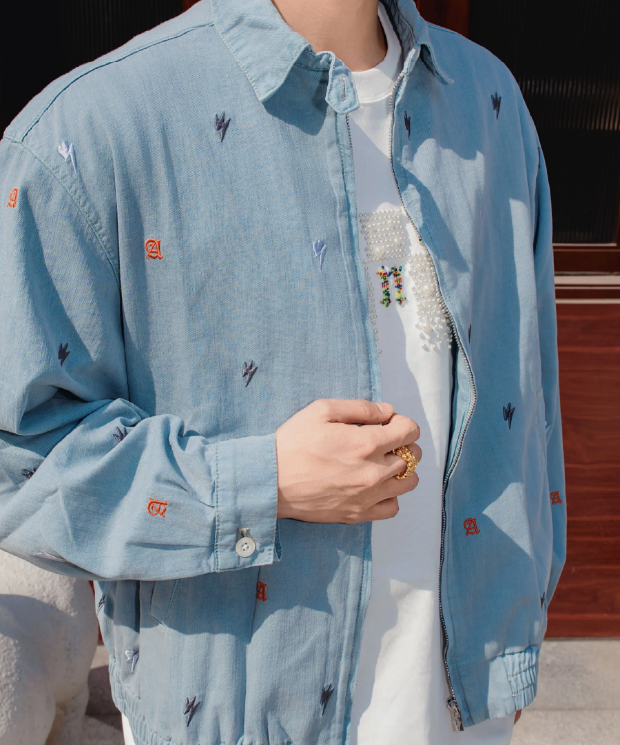 Unisex Logo Print Denim Jacket Light Blue