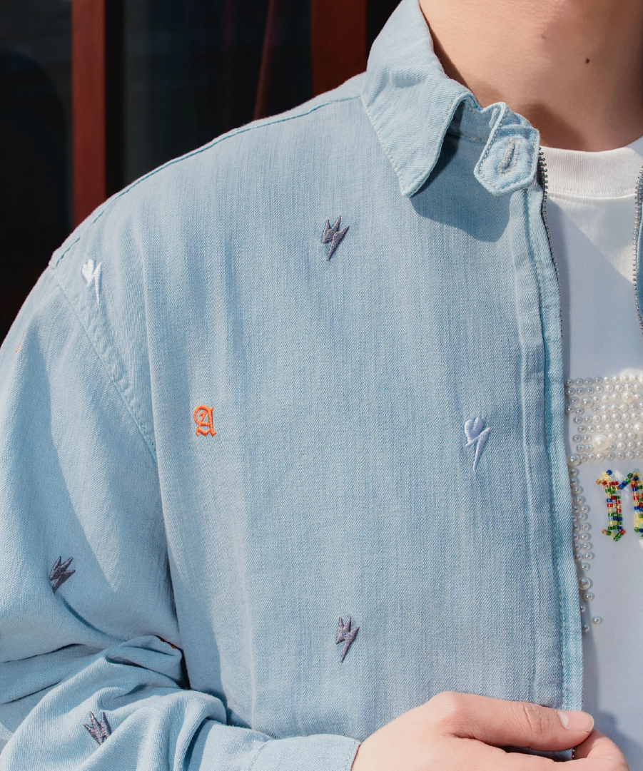Unisex Logo Print Denim Jacket Light Blue