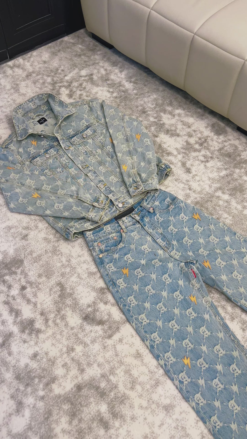 Unisex Full Print Logo Denim Jacket Light Blue