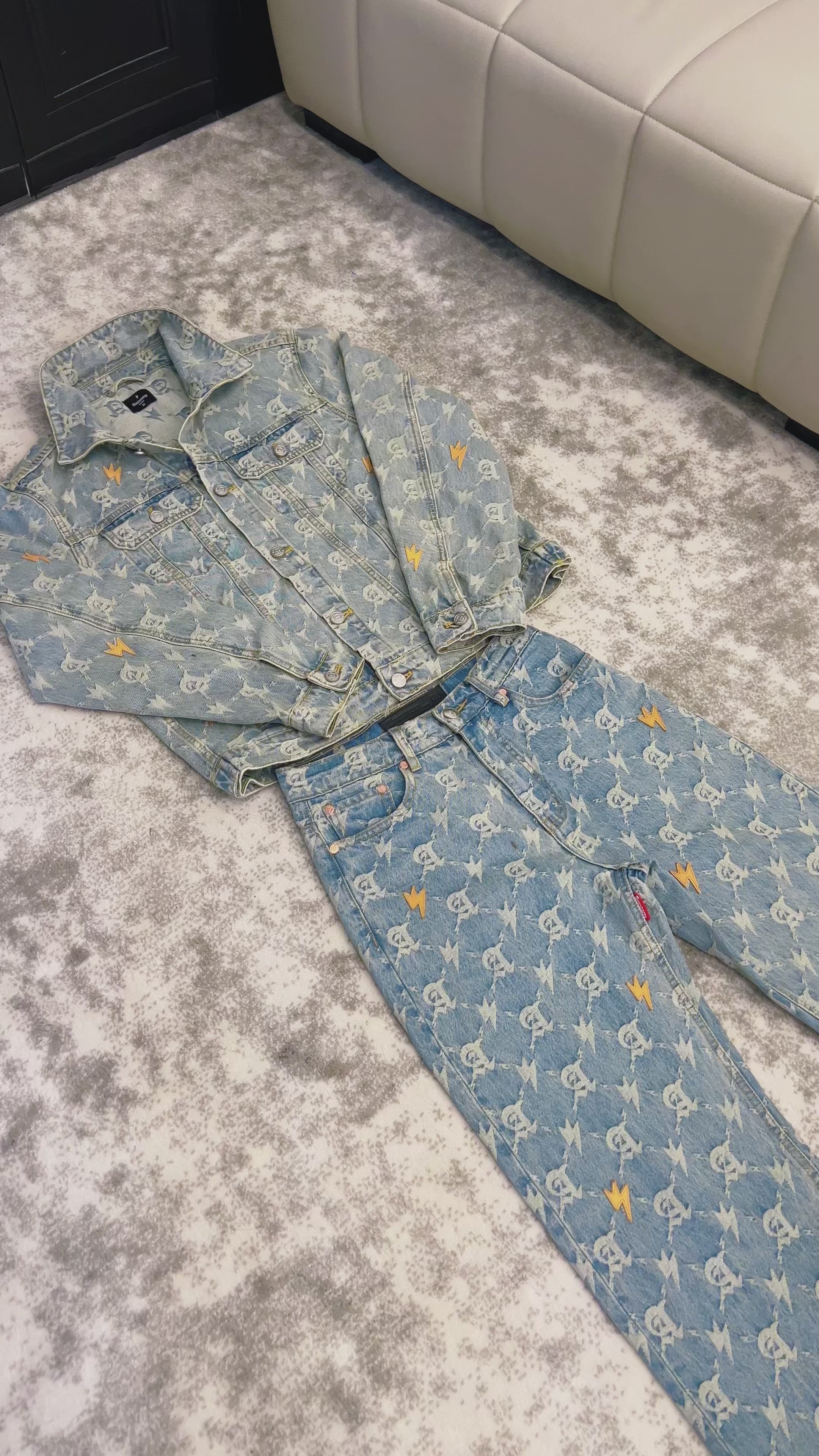 Unisex Full Print Logo Denim Jacket Light Blue