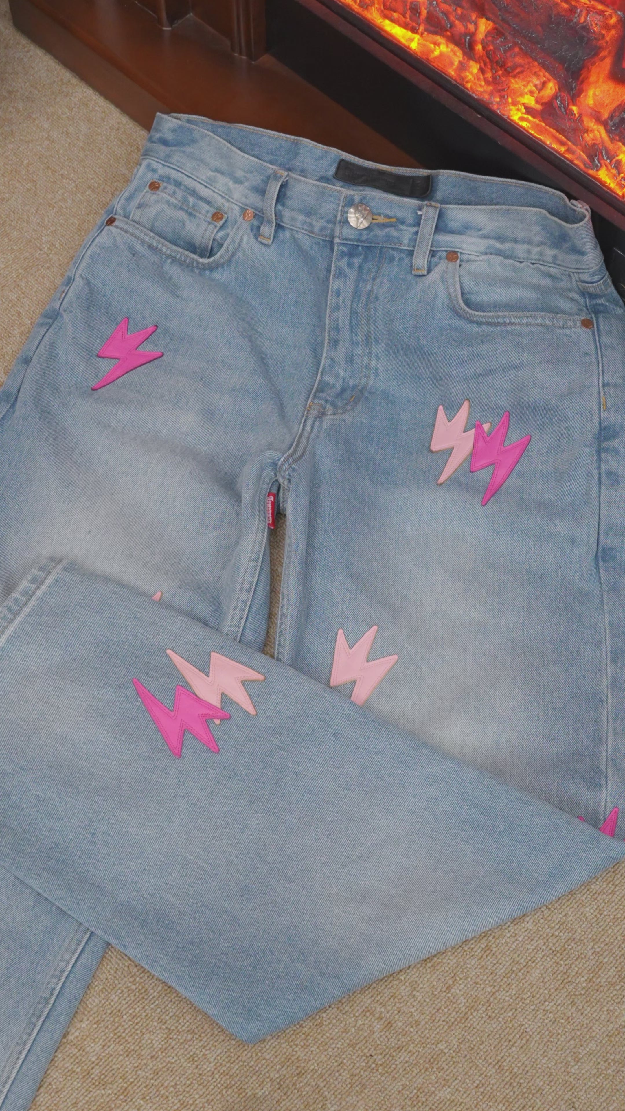 Unisex Pink Lightning Bolt Jeans Blue